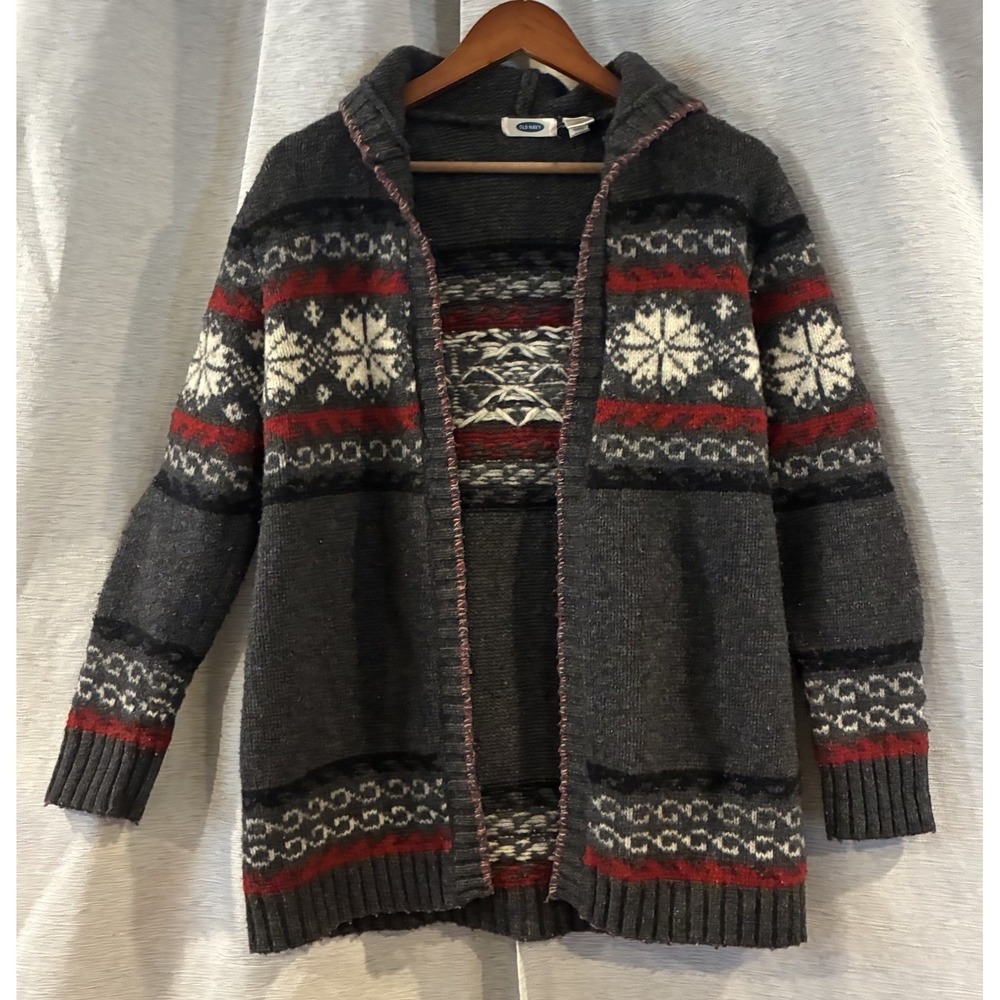 Old Navy Vintage Fair Isle Lambswool Hooded Cardigan Gray Y2K Women Large